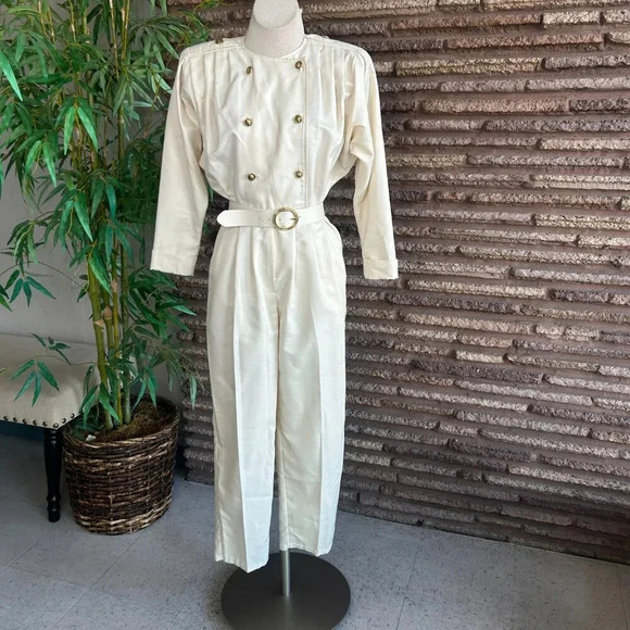 Fauroche by Lori Weidner Vintage 80s Cream Military Jumpsuit Gold Buttons Size 5 - Picture 10 of 11